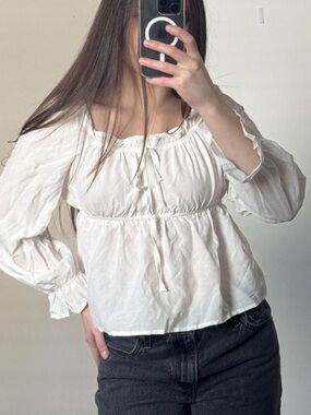 Women's White Peasant Blouse with Tie Neck